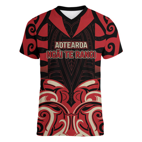 Custom Aotearoa Ngai Te Rangi Women V-Neck T-Shirt New Zealand Traditional Maori Pattern