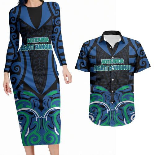 Custom Aotearoa Ngati Ranginui Couples Matching Long Sleeve Bodycon Dress and Hawaiian Shirt New Zealand Traditional Maori Pattern