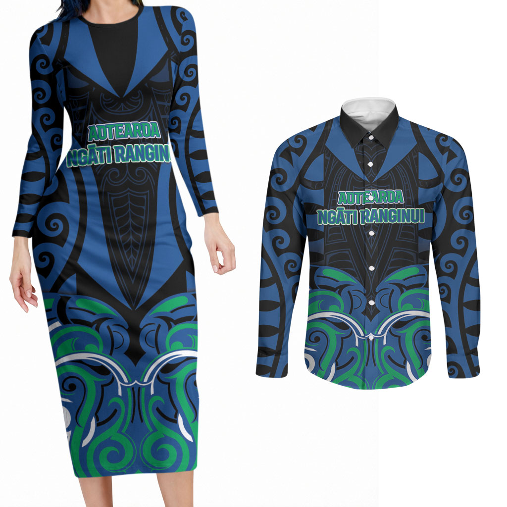 Custom Aotearoa Ngati Ranginui Couples Matching Long Sleeve Bodycon Dress and Long Sleeve Button Shirt New Zealand Traditional Maori Pattern