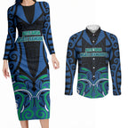 Custom Aotearoa Ngati Ranginui Couples Matching Long Sleeve Bodycon Dress and Long Sleeve Button Shirt New Zealand Traditional Maori Pattern