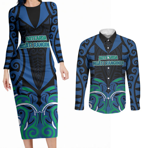 Custom Aotearoa Ngati Ranginui Couples Matching Long Sleeve Bodycon Dress and Long Sleeve Button Shirt New Zealand Traditional Maori Pattern