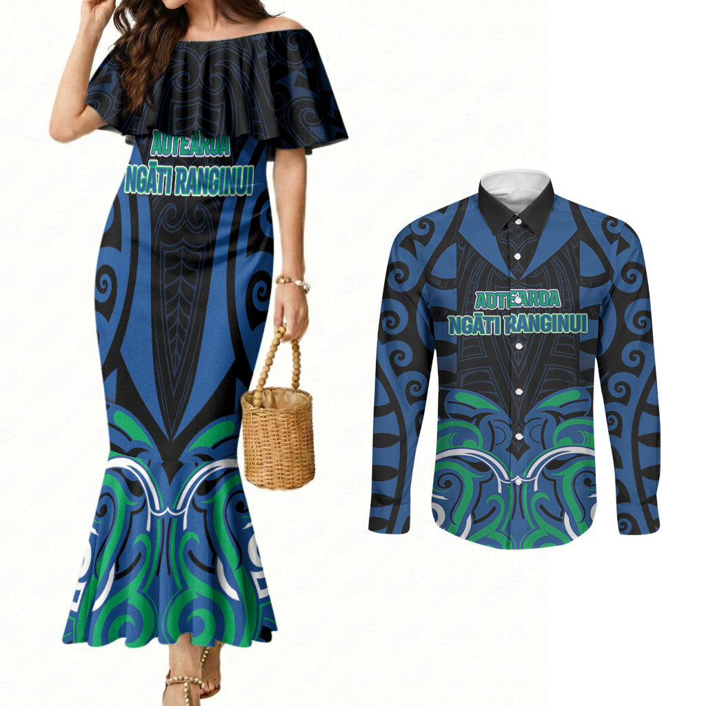 Custom Aotearoa Ngati Ranginui Couples Matching Mermaid Dress and Long Sleeve Button Shirt New Zealand Traditional Maori Pattern