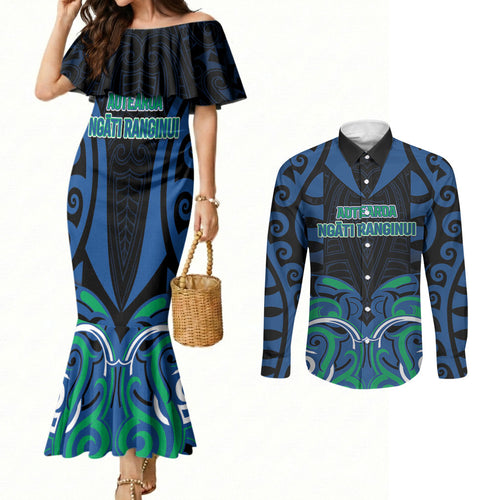 Custom Aotearoa Ngati Ranginui Couples Matching Mermaid Dress and Long Sleeve Button Shirt New Zealand Traditional Maori Pattern
