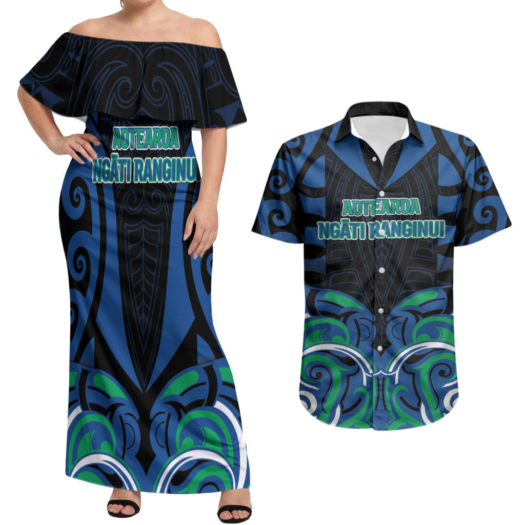 Custom Aotearoa Ngati Ranginui Couples Matching Off Shoulder Maxi Dress and Hawaiian Shirt New Zealand Traditional Maori Pattern