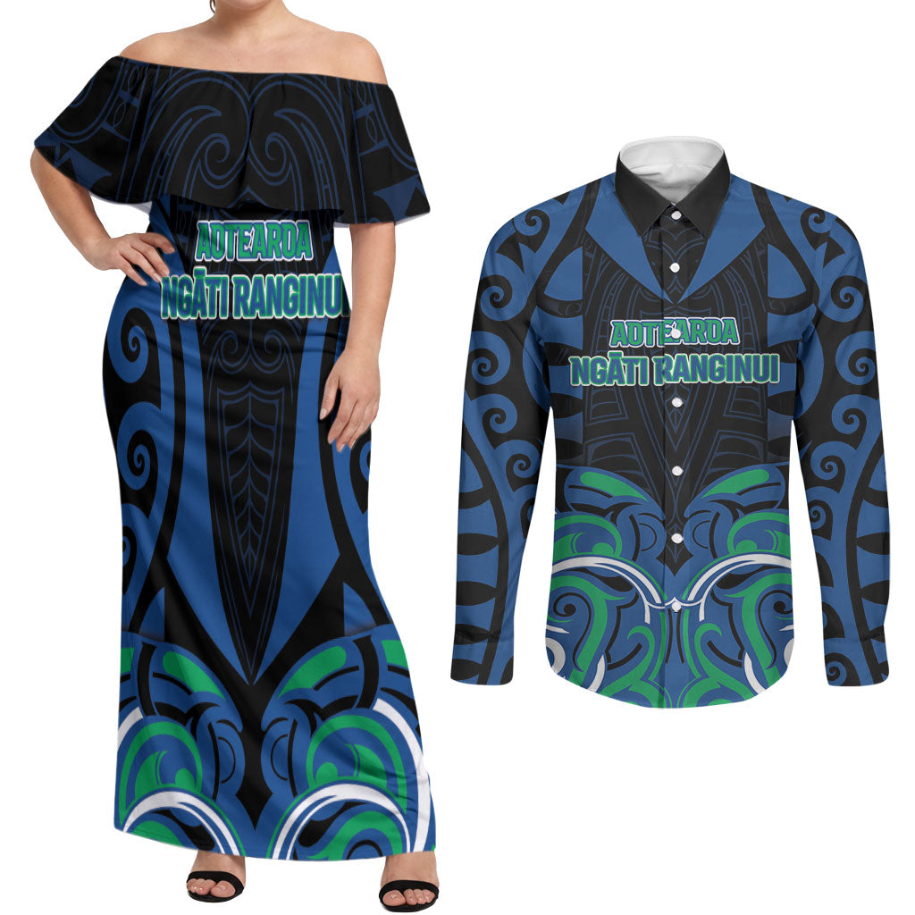 Custom Aotearoa Ngati Ranginui Couples Matching Off Shoulder Maxi Dress and Long Sleeve Button Shirt New Zealand Traditional Maori Pattern