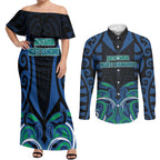 Custom Aotearoa Ngati Ranginui Couples Matching Off Shoulder Maxi Dress and Long Sleeve Button Shirt New Zealand Traditional Maori Pattern