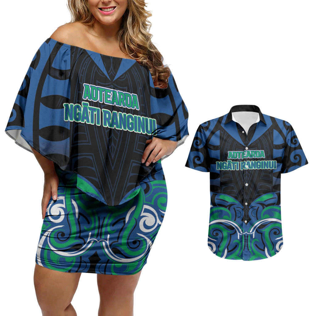 Custom Aotearoa Ngati Ranginui Couples Matching Off Shoulder Short Dress and Hawaiian Shirt New Zealand Traditional Maori Pattern