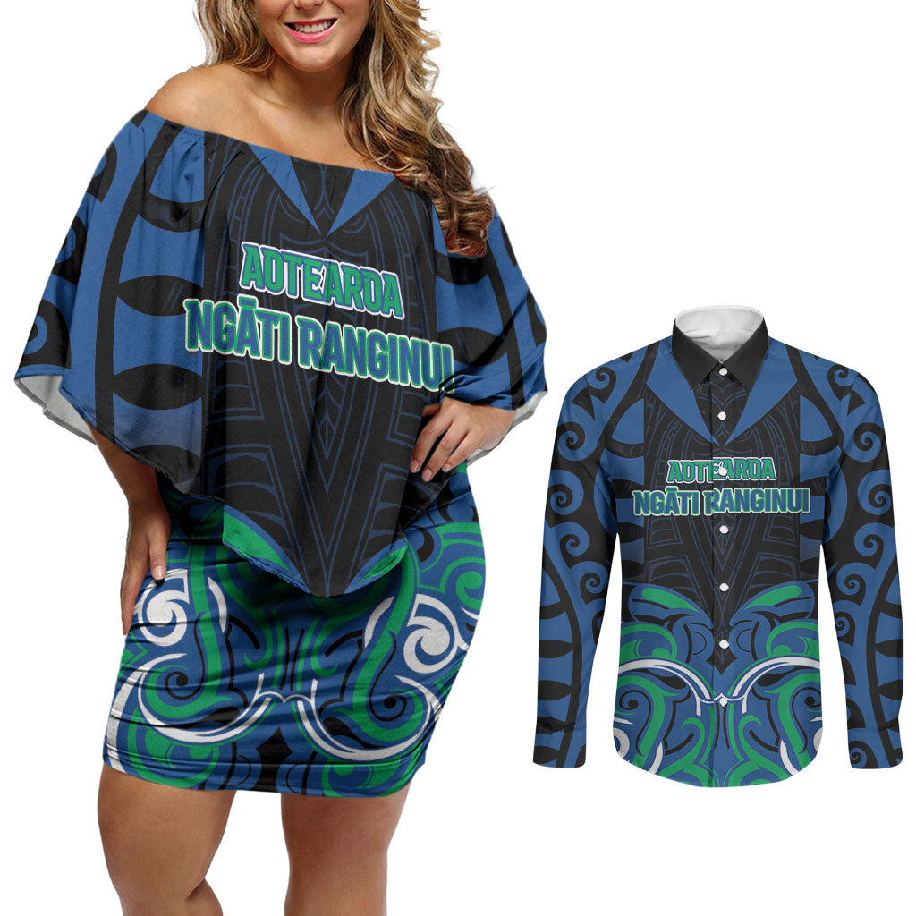 Custom Aotearoa Ngati Ranginui Couples Matching Off Shoulder Short Dress and Long Sleeve Button Shirt New Zealand Traditional Maori Pattern