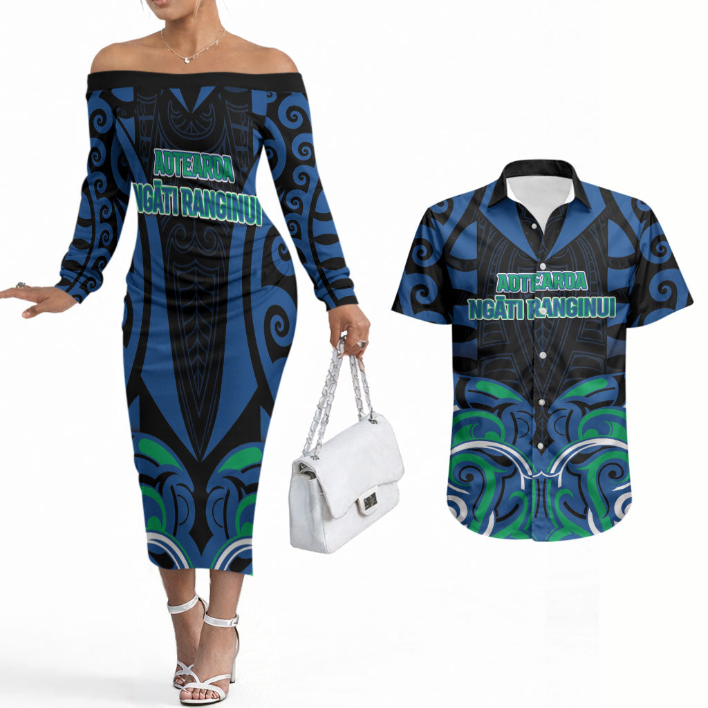 Custom Aotearoa Ngati Ranginui Couples Matching Off The Shoulder Long Sleeve Dress and Hawaiian Shirt New Zealand Traditional Maori Pattern