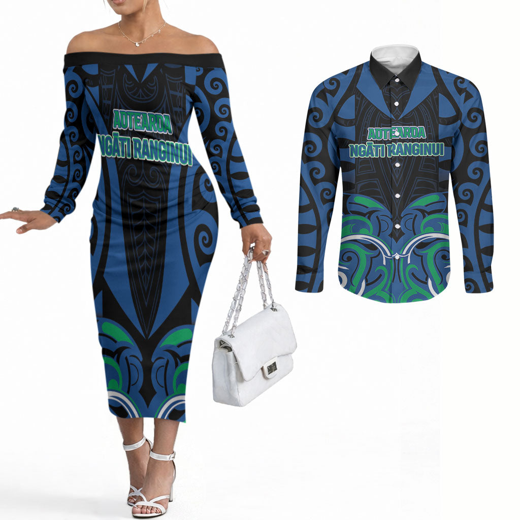 Custom Aotearoa Ngati Ranginui Couples Matching Off The Shoulder Long Sleeve Dress and Long Sleeve Button Shirt New Zealand Traditional Maori Pattern