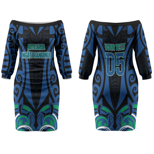 Custom Aotearoa Ngati Ranginui Couples Matching Off The Shoulder Long Sleeve Dress and Long Sleeve Button Shirt New Zealand Traditional Maori Pattern