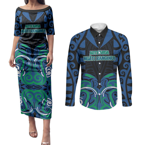 Custom Aotearoa Ngati Ranginui Couples Matching Puletasi and Long Sleeve Button Shirt New Zealand Traditional Maori Pattern