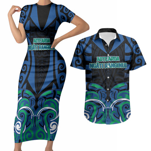 Custom Aotearoa Ngati Ranginui Couples Matching Short Sleeve Bodycon Dress and Hawaiian Shirt New Zealand Traditional Maori Pattern