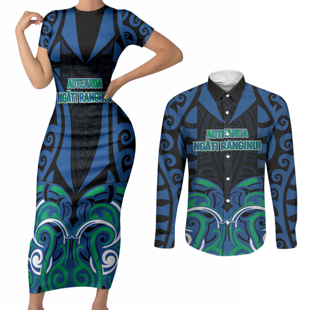 Custom Aotearoa Ngati Ranginui Couples Matching Short Sleeve Bodycon Dress and Long Sleeve Button Shirt New Zealand Traditional Maori Pattern