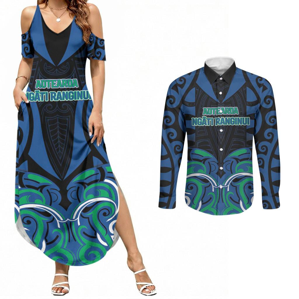 Custom Aotearoa Ngati Ranginui Couples Matching Summer Maxi Dress and Long Sleeve Button Shirt New Zealand Traditional Maori Pattern