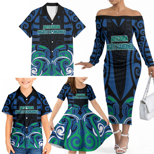 Custom Aotearoa Ngati Ranginui Family Matching Off The Shoulder Long Sleeve Dress and Hawaiian Shirt New Zealand Traditional Maori Pattern