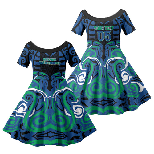 Custom Aotearoa Ngati Ranginui Family Matching Off The Shoulder Long Sleeve Dress and Hawaiian Shirt New Zealand Traditional Maori Pattern