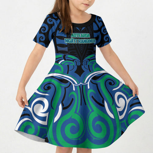Custom Aotearoa Ngati Ranginui Kid Short Sleeve Dress New Zealand Traditional Maori Pattern