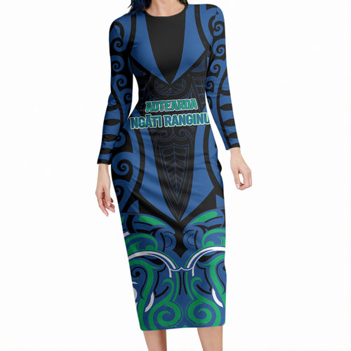 Custom Aotearoa Ngati Ranginui Long Sleeve Bodycon Dress New Zealand Traditional Maori Pattern