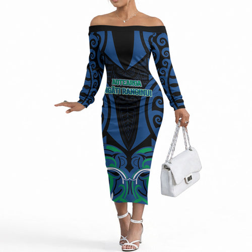 Custom Aotearoa Ngati Ranginui Off The Shoulder Long Sleeve Dress New Zealand Traditional Maori Pattern