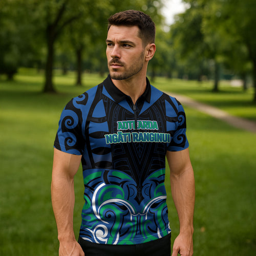 Custom Aotearoa Ngati Ranginui Zipper Polo Shirt New Zealand Traditional Maori Pattern