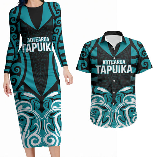 Custom Aotearoa Tapuika Couples Matching Long Sleeve Bodycon Dress and Hawaiian Shirt New Zealand Traditional Maori Pattern