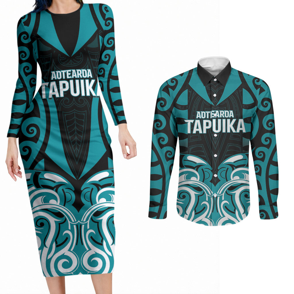 Custom Aotearoa Tapuika Couples Matching Long Sleeve Bodycon Dress and Long Sleeve Button Shirt New Zealand Traditional Maori Pattern