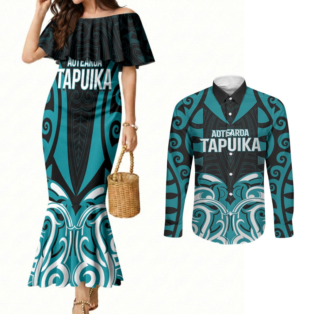 Custom Aotearoa Tapuika Couples Matching Mermaid Dress and Long Sleeve Button Shirt New Zealand Traditional Maori Pattern