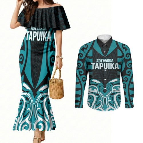 Custom Aotearoa Tapuika Couples Matching Mermaid Dress and Long Sleeve Button Shirt New Zealand Traditional Maori Pattern
