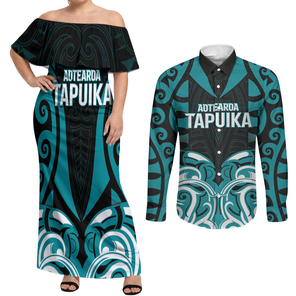 Custom Aotearoa Tapuika Couples Matching Off Shoulder Maxi Dress and Long Sleeve Button Shirt New Zealand Traditional Maori Pattern