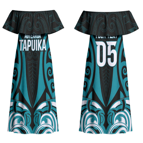 Custom Aotearoa Tapuika Couples Matching Off Shoulder Maxi Dress and Long Sleeve Button Shirt New Zealand Traditional Maori Pattern