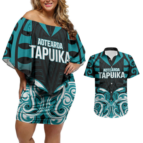 Custom Aotearoa Tapuika Couples Matching Off Shoulder Short Dress and Hawaiian Shirt New Zealand Traditional Maori Pattern