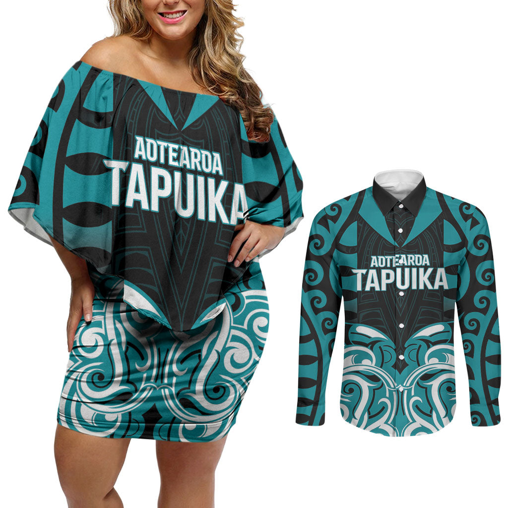 Custom Aotearoa Tapuika Couples Matching Off Shoulder Short Dress and Long Sleeve Button Shirt New Zealand Traditional Maori Pattern