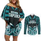 Custom Aotearoa Tapuika Couples Matching Off Shoulder Short Dress and Long Sleeve Button Shirt New Zealand Traditional Maori Pattern