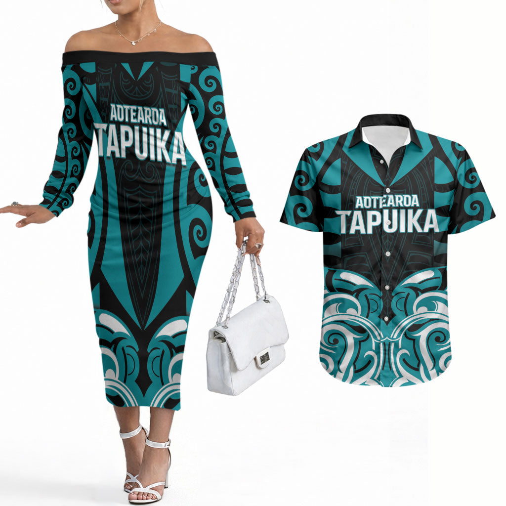 Custom Aotearoa Tapuika Couples Matching Off The Shoulder Long Sleeve Dress and Hawaiian Shirt New Zealand Traditional Maori Pattern