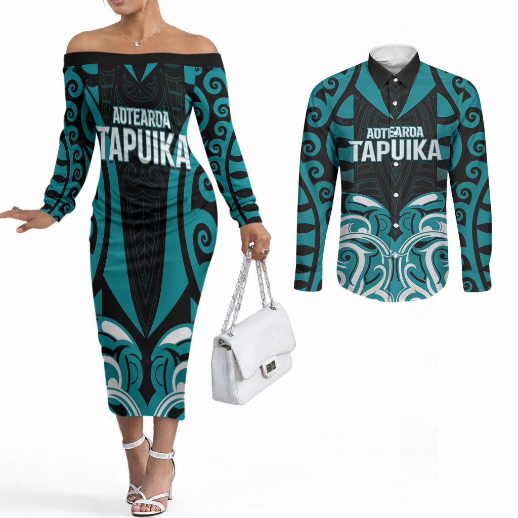 Custom Aotearoa Tapuika Couples Matching Off The Shoulder Long Sleeve Dress and Long Sleeve Button Shirt New Zealand Traditional Maori Pattern