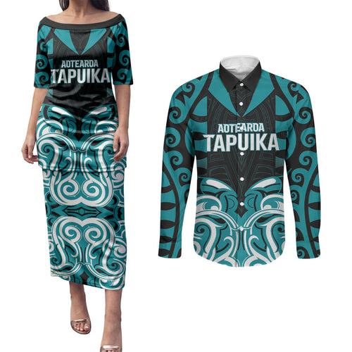 Custom Aotearoa Tapuika Couples Matching Puletasi and Long Sleeve Button Shirt New Zealand Traditional Maori Pattern