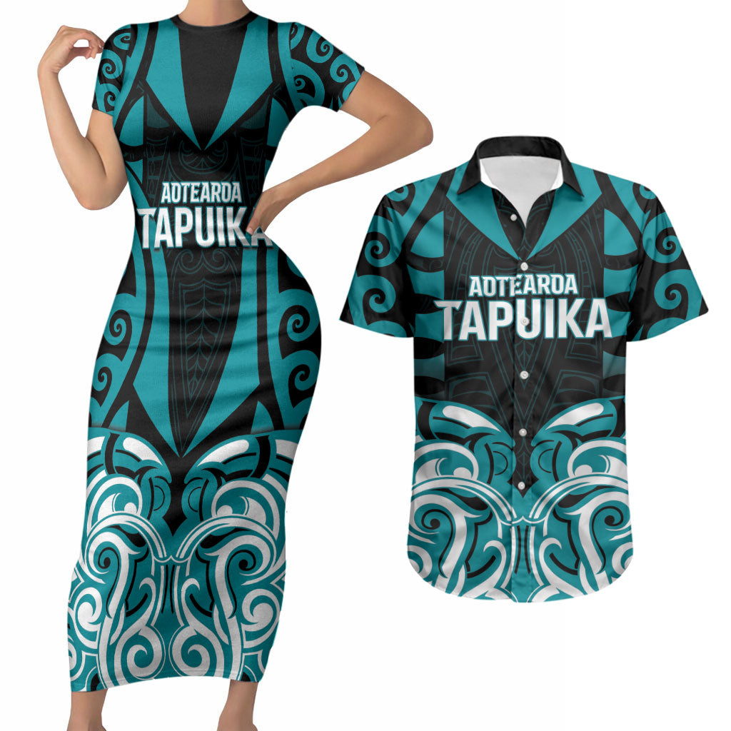 Custom Aotearoa Tapuika Couples Matching Short Sleeve Bodycon Dress and Hawaiian Shirt New Zealand Traditional Maori Pattern