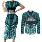 Custom Aotearoa Tapuika Couples Matching Short Sleeve Bodycon Dress and Long Sleeve Button Shirt New Zealand Traditional Maori Pattern