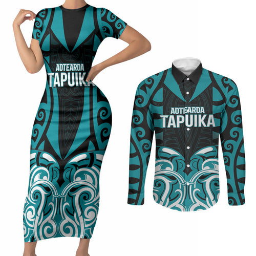 Custom Aotearoa Tapuika Couples Matching Short Sleeve Bodycon Dress and Long Sleeve Button Shirt New Zealand Traditional Maori Pattern