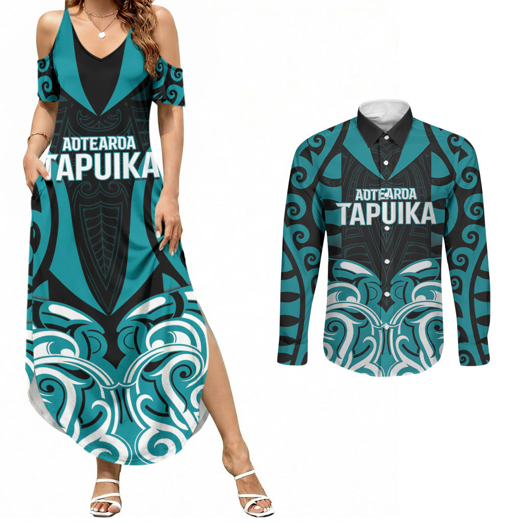 Custom Aotearoa Tapuika Couples Matching Summer Maxi Dress and Long Sleeve Button Shirt New Zealand Traditional Maori Pattern