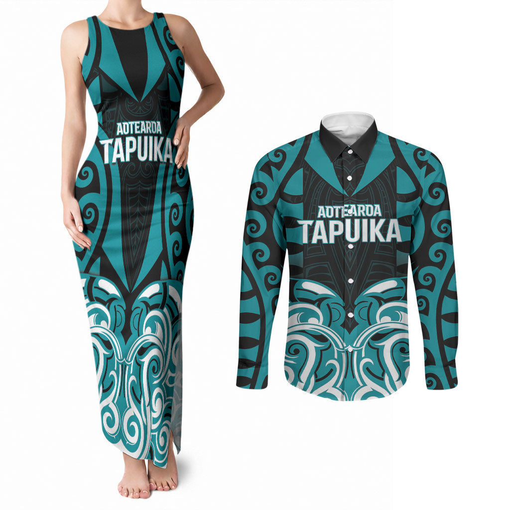 Custom Aotearoa Tapuika Couples Matching Tank Maxi Dress and Long Sleeve Button Shirt New Zealand Traditional Maori Pattern
