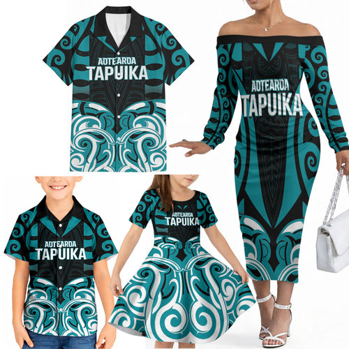 Custom Aotearoa Tapuika Family Matching Off The Shoulder Long Sleeve Dress and Hawaiian Shirt New Zealand Traditional Maori Pattern