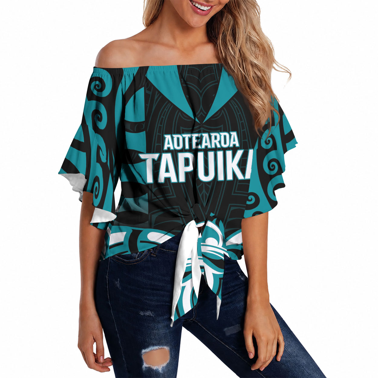 Custom Aotearoa Tapuika Off Shoulder Wrap Waist Top New Zealand Traditional Maori Pattern