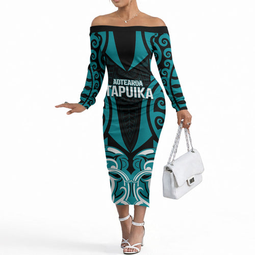 Custom Aotearoa Tapuika Off The Shoulder Long Sleeve Dress New Zealand Traditional Maori Pattern