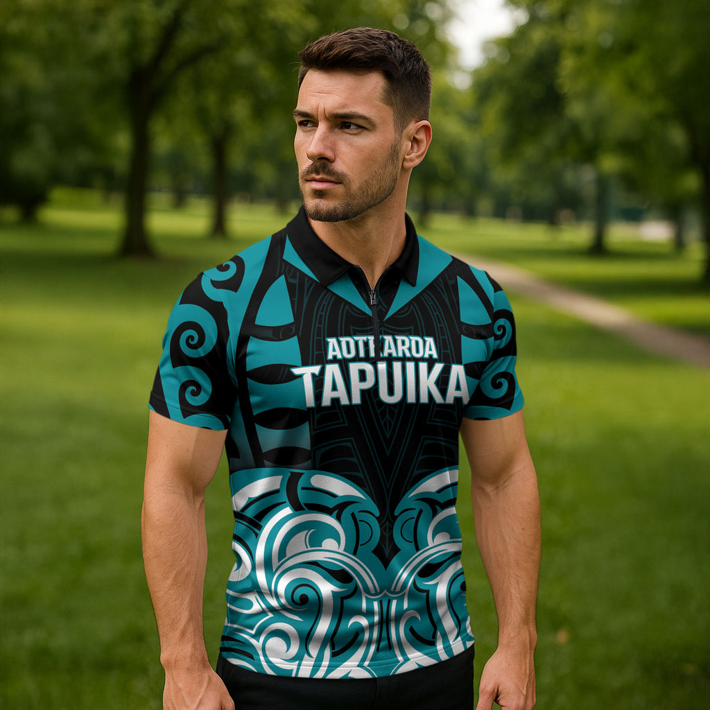 Custom Aotearoa Tapuika Zipper Polo Shirt New Zealand Traditional Maori Pattern