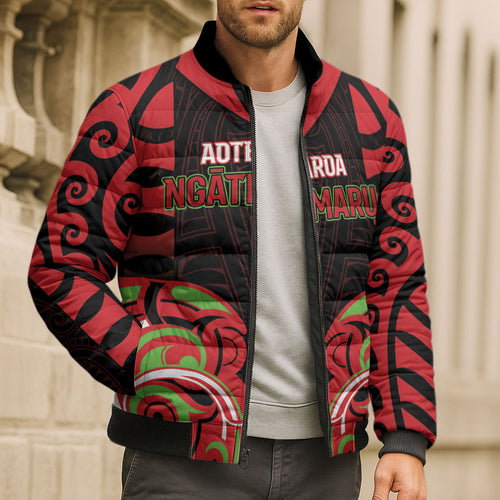 Custom Aotearoa Ngati Maru Bomber Puffer Jacket New Zealand Traditional Maori Pattern
