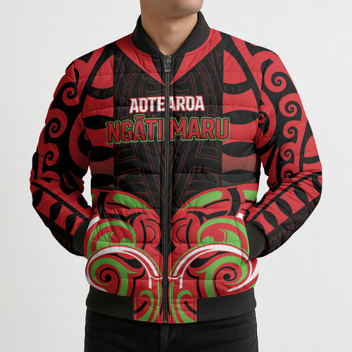 Custom Aotearoa Ngati Maru Bomber Puffer Jacket New Zealand Traditional Maori Pattern