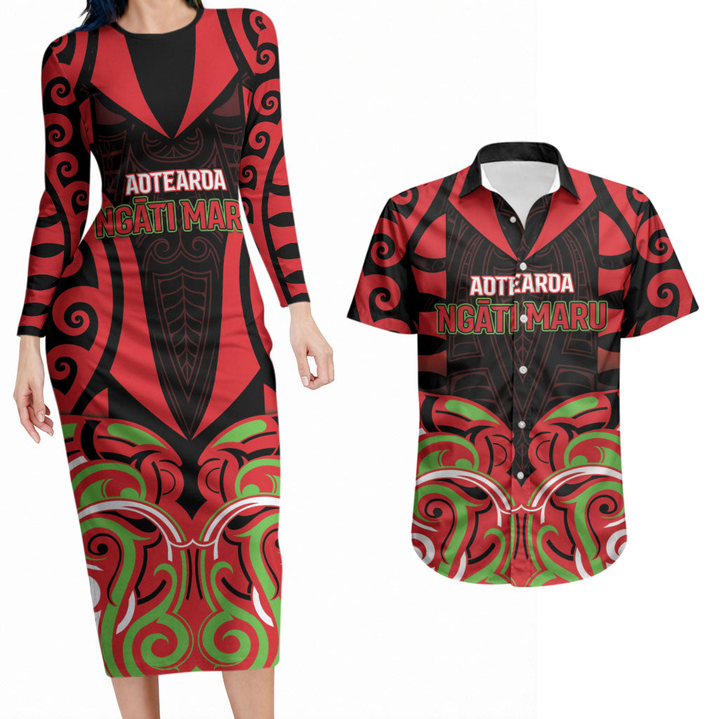 Custom Aotearoa Ngati Maru Couples Matching Long Sleeve Bodycon Dress and Hawaiian Shirt New Zealand Traditional Maori Pattern