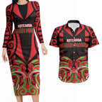Custom Aotearoa Ngati Maru Couples Matching Long Sleeve Bodycon Dress and Hawaiian Shirt New Zealand Traditional Maori Pattern